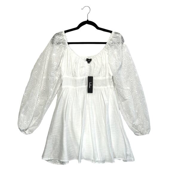 Lulus Simple Sweetheart Eyelet Balloon Sleeve Mini Dress NWT Women's Sz S White - Picture 1 of 6